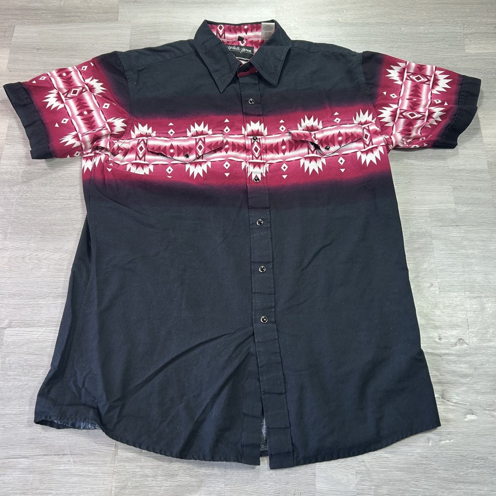 White Horse Shirt Mens Large Black Southwest Geometric Short Sleeve Button Up